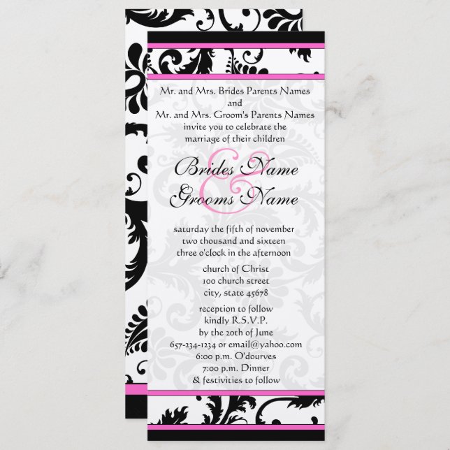 Fuchsia 9x4  Damask Swirls Wedding Invitation (Front/Back)