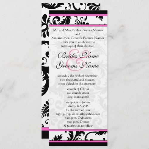 Fuchsia 9x4  Damask Swirls Wedding Invitation