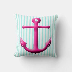 Fuchsia and Aqua Anchor and Stripes Throw Pillow