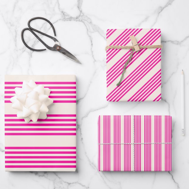 Fuchsia and beige five stripes pattern wrapping paper sheets (Front)