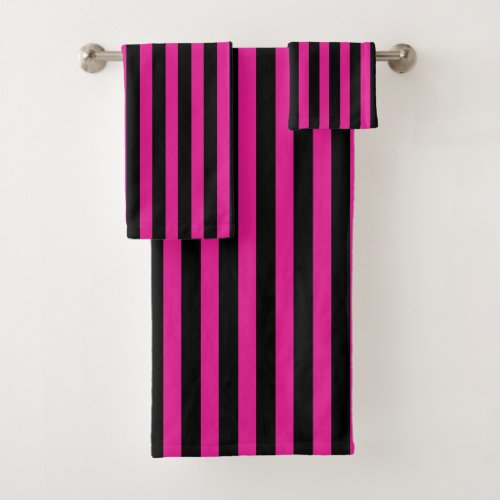 Fuchsia and black candy stripes bath towel set