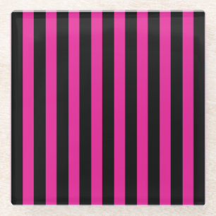 Fuchsia and black candy stripes glass coaster
