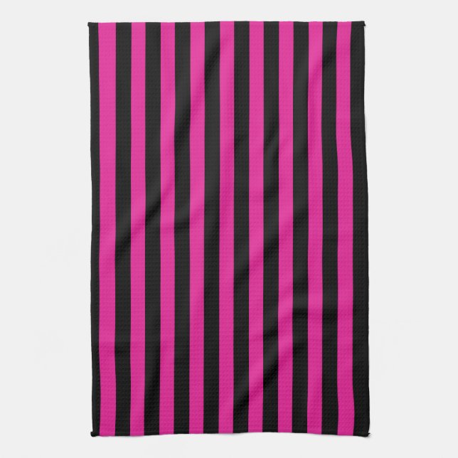 Fuchsia and black candy stripes kitchen towel (Vertical)