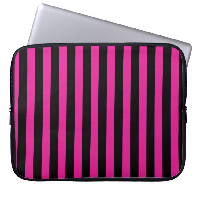 Fuchsia and black candy stripes laptop sleeve (Front)