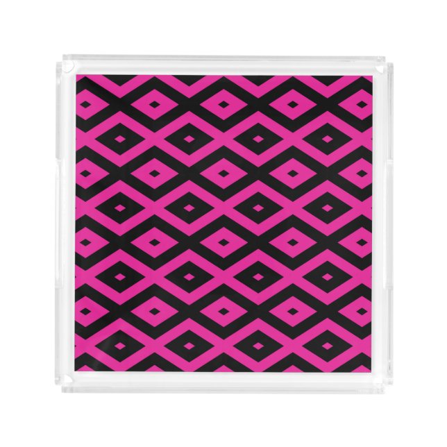 Fuchsia and black diamond pattern acrylic tray (Front)