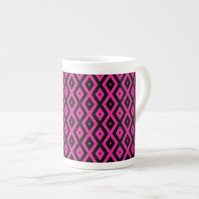 Fuchsia and black diamond pattern bone china mug (Front Right)