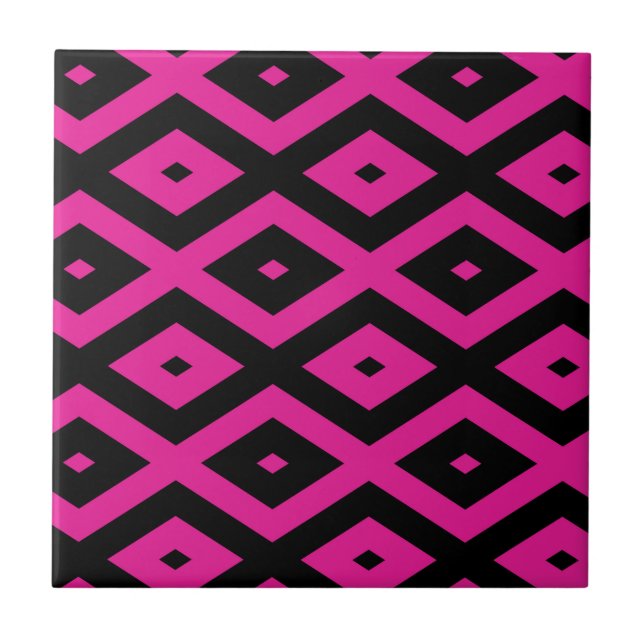 Fuchsia and black diamond pattern ceramic tile (Front)