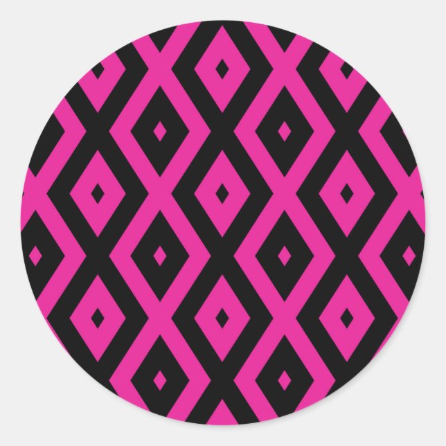 Fuchsia and black diamond pattern classic round sticker (Front)