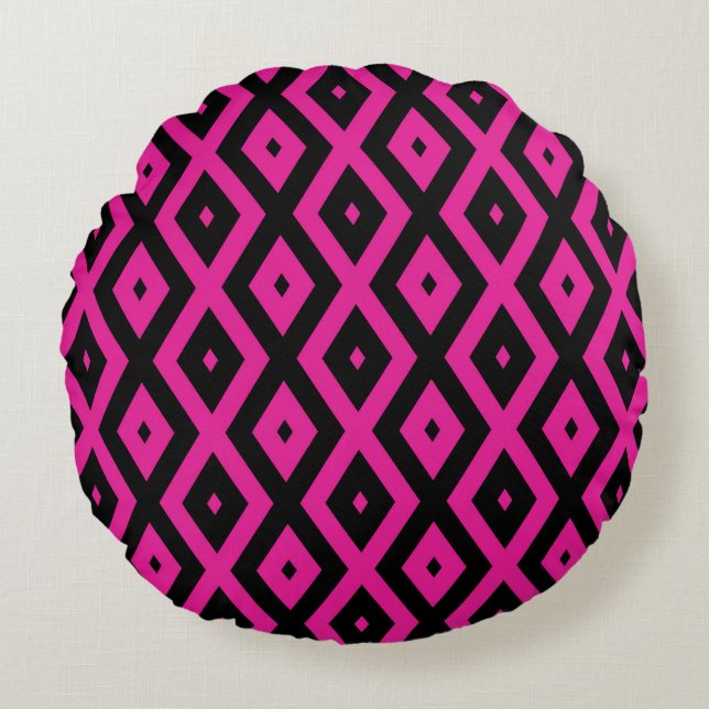 Fuchsia and black diamond pattern round pillow (Front)
