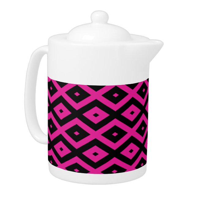 Fuchsia and black diamond pattern teapot (Left)