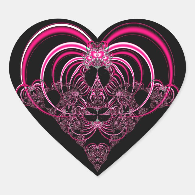 Fuchsia and black fractal heart sticker (Front)