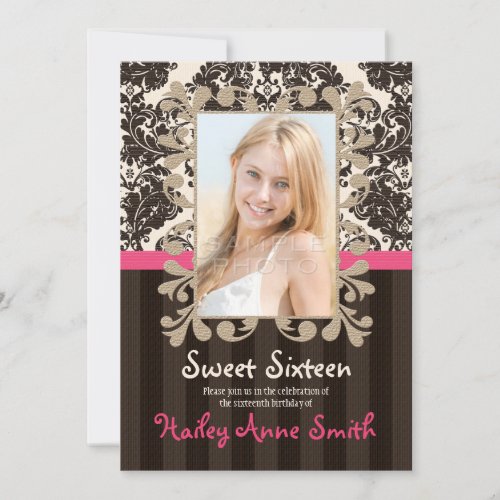 Fuchsia and Brown Vintage Damask Sweet Sixteen Invitation