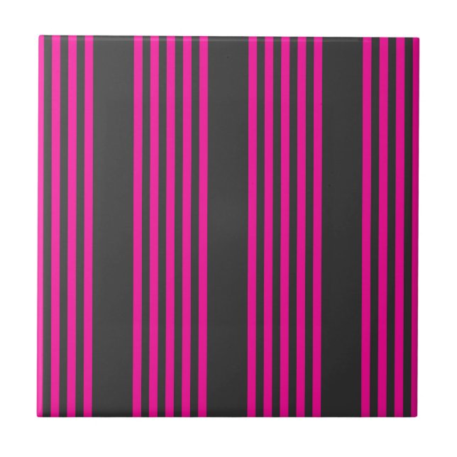 Fuchsia and charcoal five stripes pattern ceramic tile (Front)