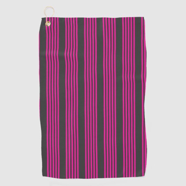 Fuchsia and charcoal five stripes pattern golf towel (Front)