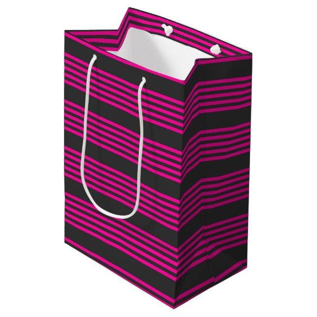 Fuchsia and charcoal five stripes pattern medium gift bag (Front Angled)
