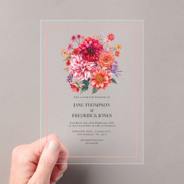 Fuchsia and Coral Bright Floral Wedding Acrylic Invitations (Insitu (Handheld))