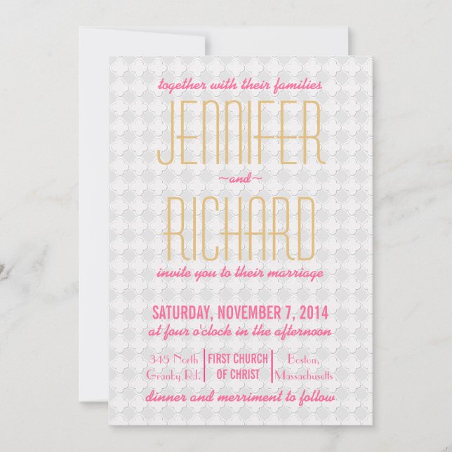Fuchsia and coral pattern wedding invitations (Front)