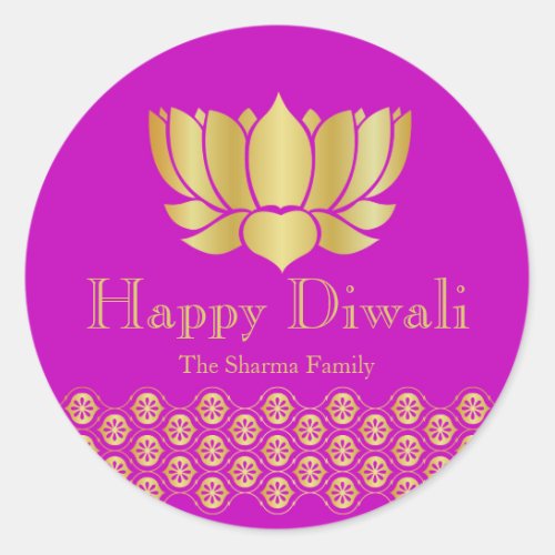 Fuchsia and Gold Diwali Party Favour Classic Round Sticker