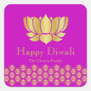 Fuchsia and Gold Diwali Party Favour Square Sticker