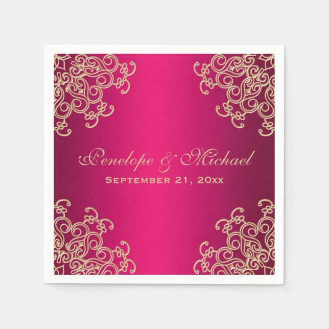 Fuchsia and Gold Indian Style Wedding Napkins (Front)