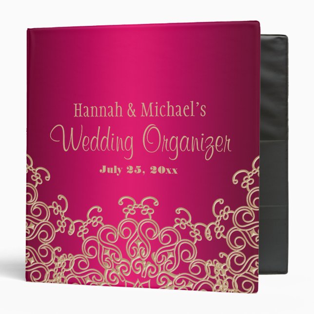 Fuchsia and Gold Indian Style Wedding Organizer 3 Ring Binder (Front/Inside)