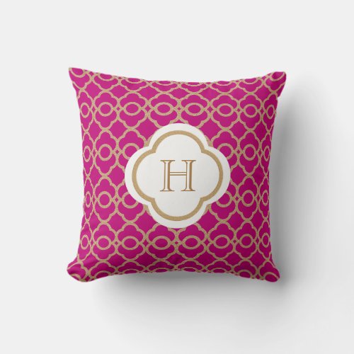 Fuchsia and Gold Moroccan Monogram Throw Pillow