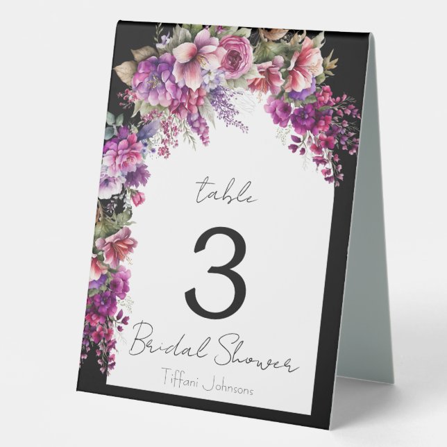 Fuchsia and Lavender Floral Arch Bridal Shower Tab Table Tent (Front)