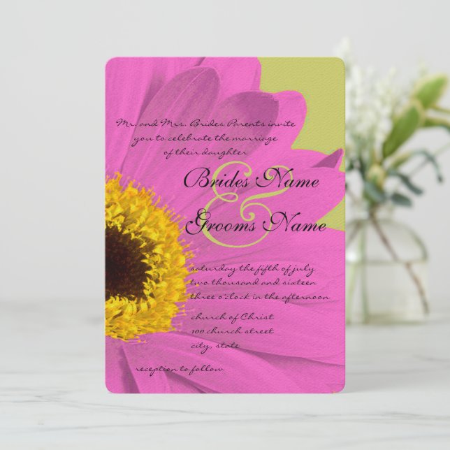 Fuchsia and Lime Gerber Daisy Wedding Invitation (Standing Front)