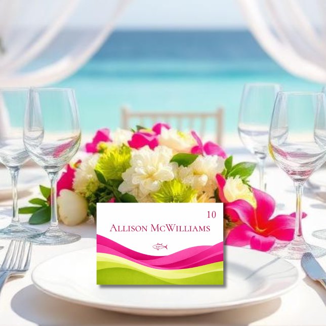 Fuchsia and Lime Green Wedding Place Card-Fish Table Number (Fuchsia and Lime Green Wedding Place Card-Meal Icons-Fish)