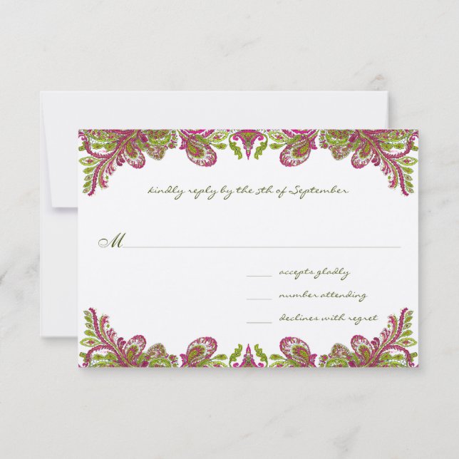 Fuchsia and Lime Paisley Wedding Invitation (Back)