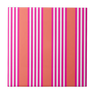 Fuchsia and living coral five stripes pattern ceramic tile