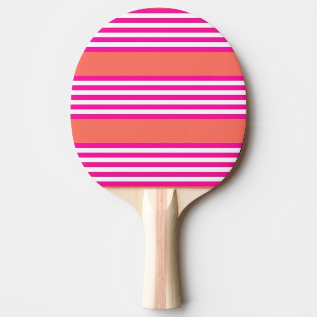 Fuchsia and living coral five stripes pattern ping pong paddle (Front)
