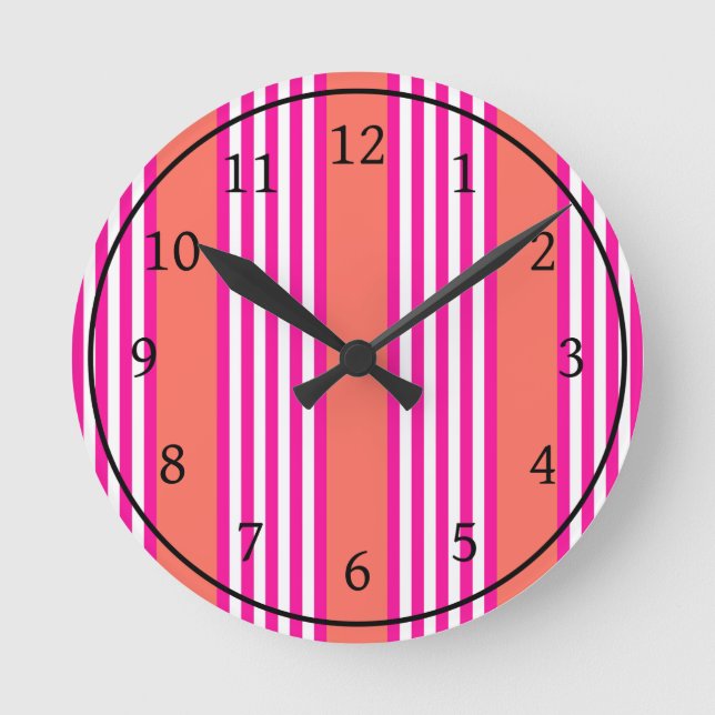 Fuchsia and living coral five stripes pattern round clock (Front)