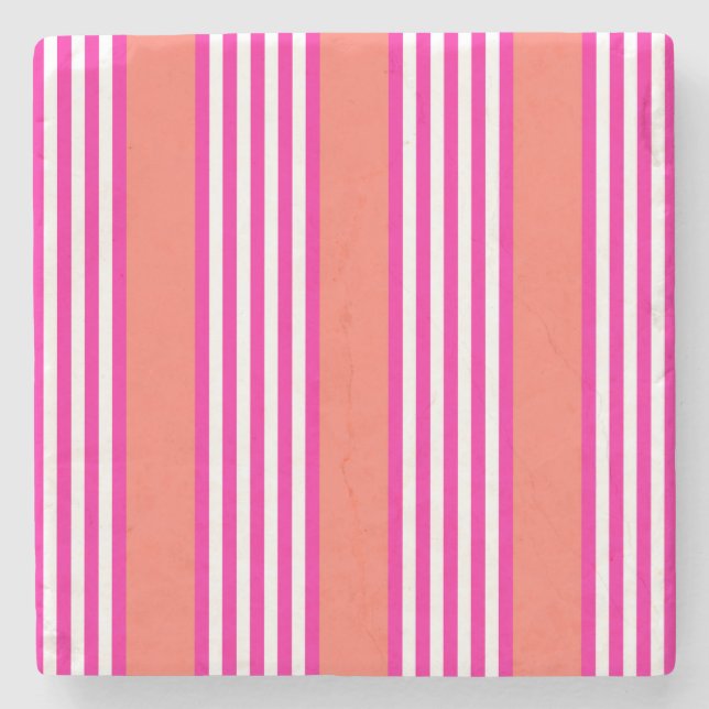 Fuchsia and living coral five stripes pattern stone coaster (Front)