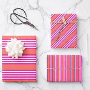 Fuchsia and living coral five stripes pattern wrapping paper sheets