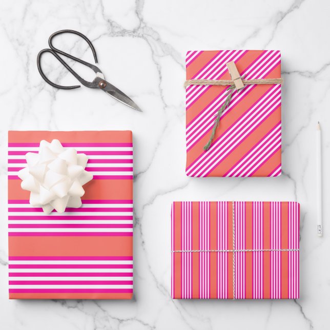 Fuchsia and living coral five stripes pattern wrapping paper sheets (Front)