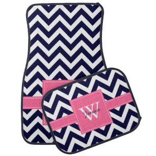 Fuchsia and Navy Blue Chevrons Monogrammed Car Mat