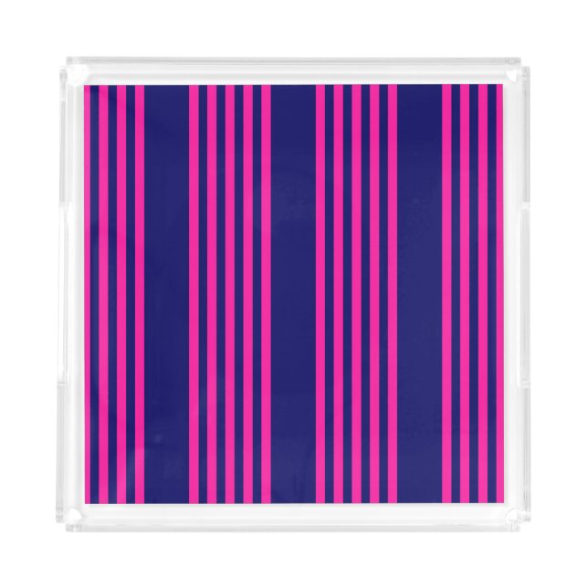 Fuchsia and navy blue five stripes pattern acrylic tray (Front)