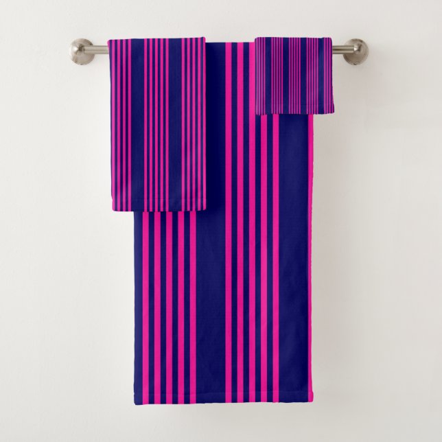 Fuchsia and navy blue five stripes pattern bath towel set (Insitu)