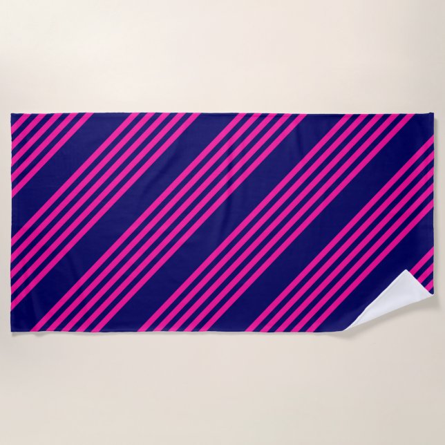 Fuchsia and navy blue five stripes pattern beach towel (Front)