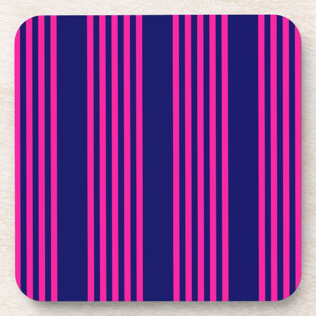 Fuchsia and navy blue five stripes pattern beverage coaster (Front)