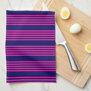 Fuchsia and navy blue five stripes pattern kitchen towel