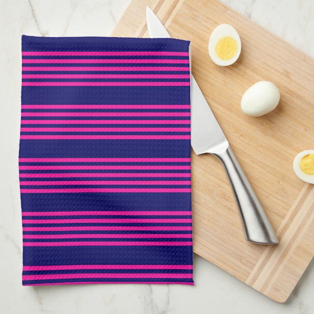 Fuchsia and navy blue five stripes pattern kitchen towel (Quarter Fold)