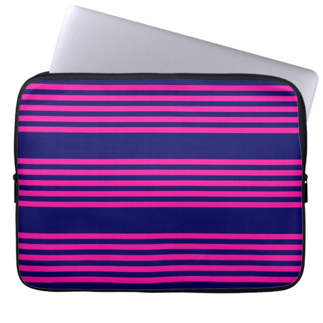 Fuchsia and navy blue five stripes pattern laptop sleeve (Front)