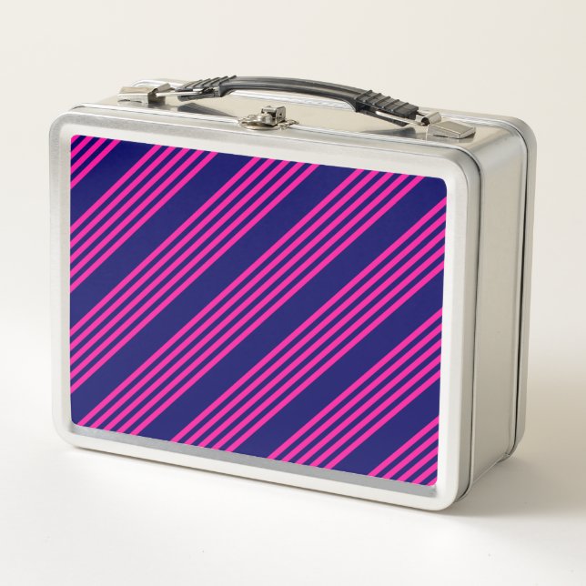 Fuchsia and navy blue five stripes pattern metal lunch box (Front)