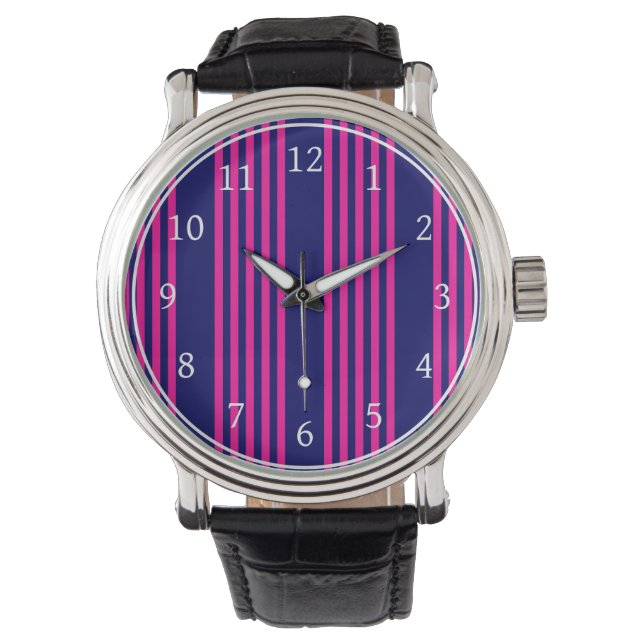 Fuchsia and navy blue five stripes pattern watch (Front)