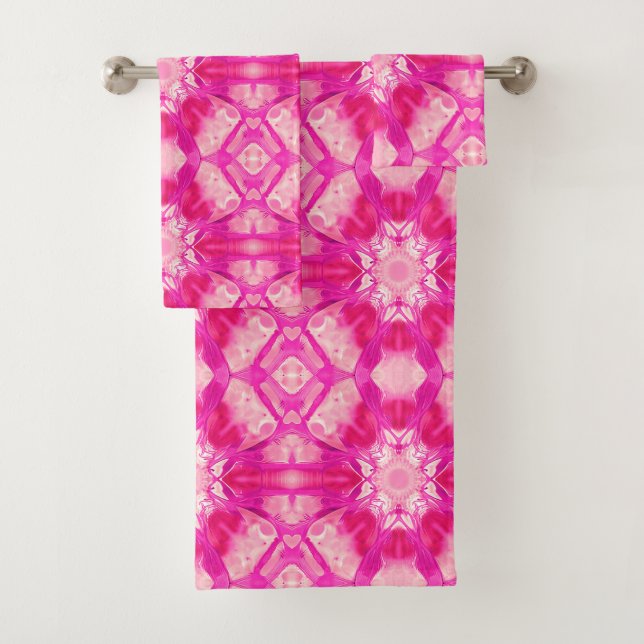 Fuchsia and Pastel Pink Tie Dye Pattern  Bath Towel Set (Insitu)