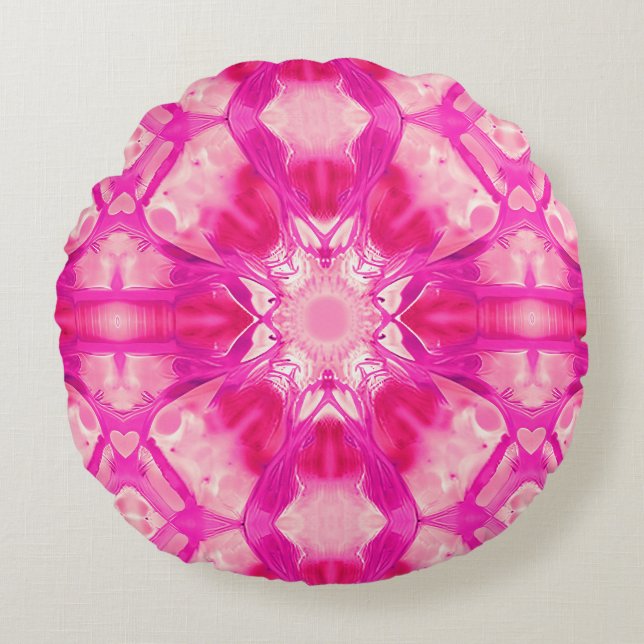 Fuchsia and Pastel Pink Tie Dye Pattern Round Pillow (Front)
