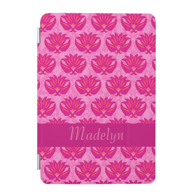 Fuchsia and Pink Modern Damask Name Personalized iPad Mini Cover (Front)