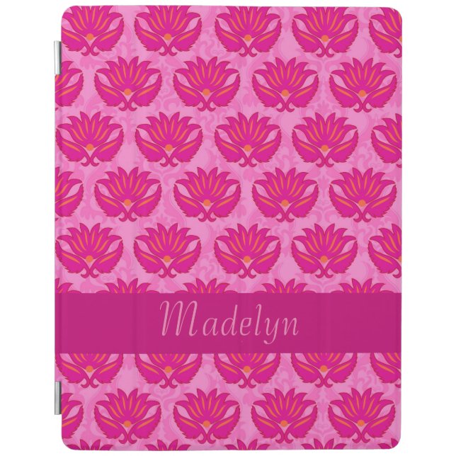 Fuchsia and Pink Modern Damask Name Personalized iPad Smart Cover (Front)